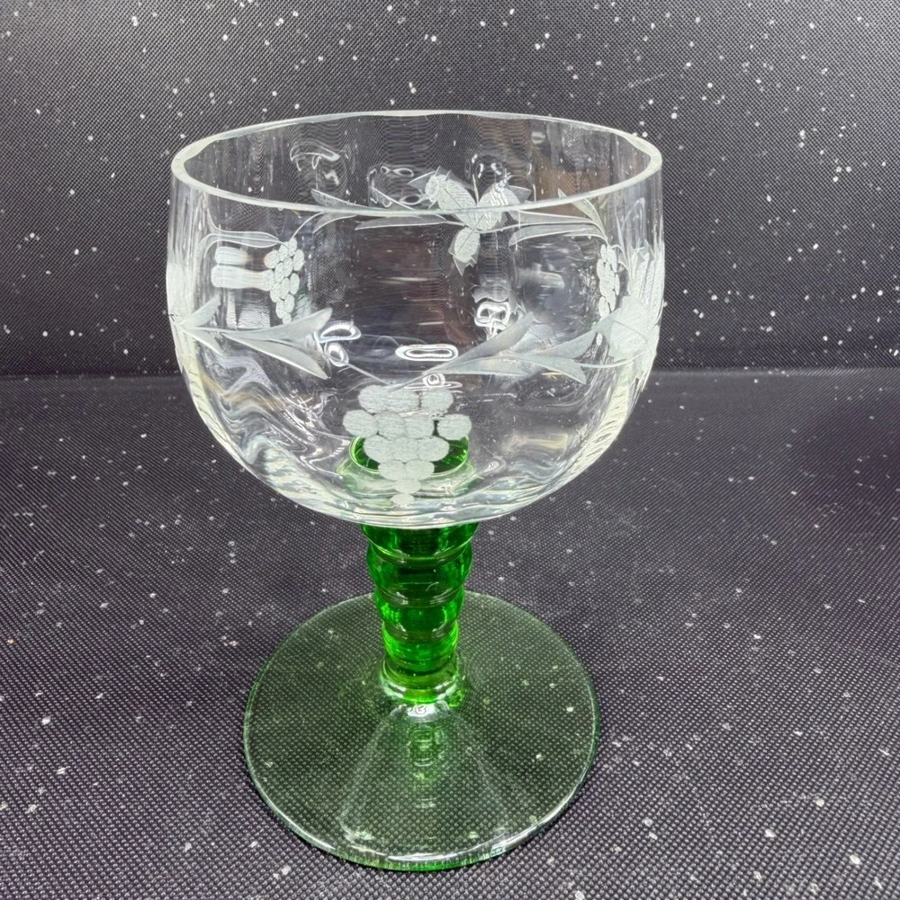 Vintage Roemer Etched Grape Wine Glasses Green Beehive Stem Set of 2 Cups VTG